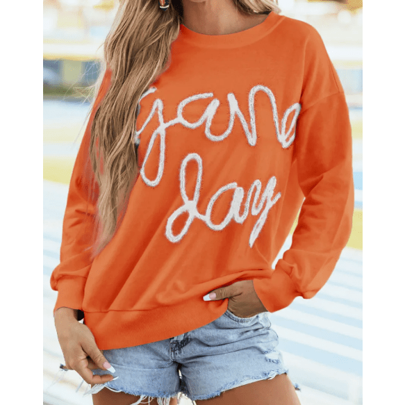 Orange/White Tinsel Game Day Drop Shoulder Graphic Sweatshirt