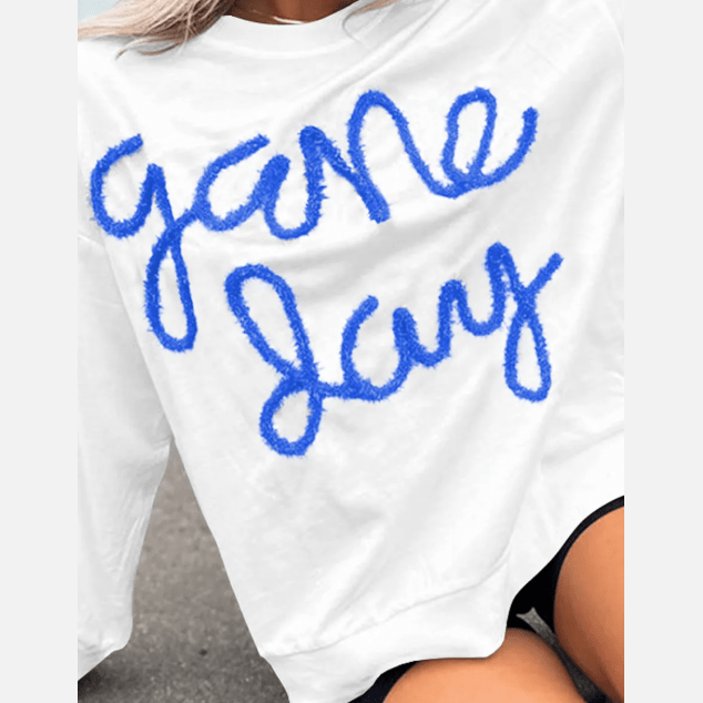 White/Blue Tinsel Game Day Drop Shoulder Graphic Sweatshirt