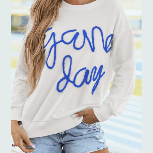 White/Blue Tinsel Game Day Drop Shoulder Graphic Sweatshirt
