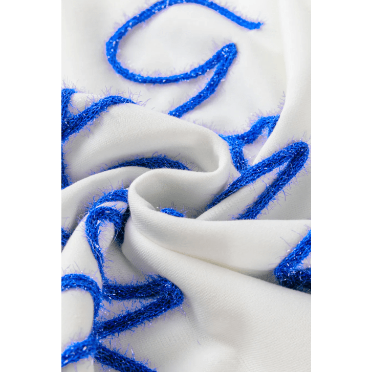 White/Blue Tinsel Game Day Drop Shoulder Graphic Sweatshirt