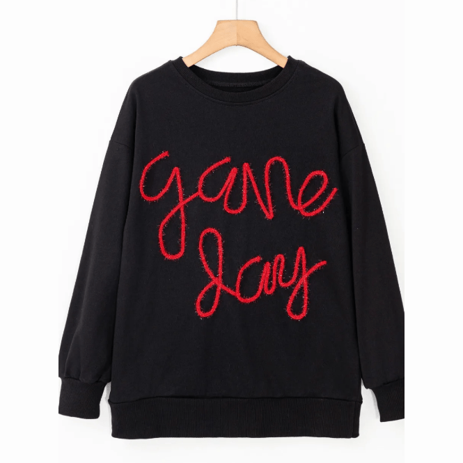 Black/Red Tinsel Game Day Drop Shoulder Graphic Sweatshirt