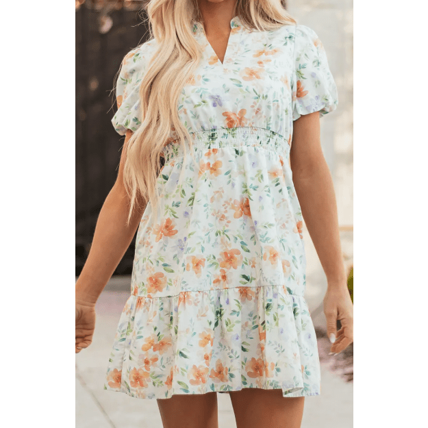 Harnett Floral Print Shirred High Waist Puff Sleeve Mini Dress