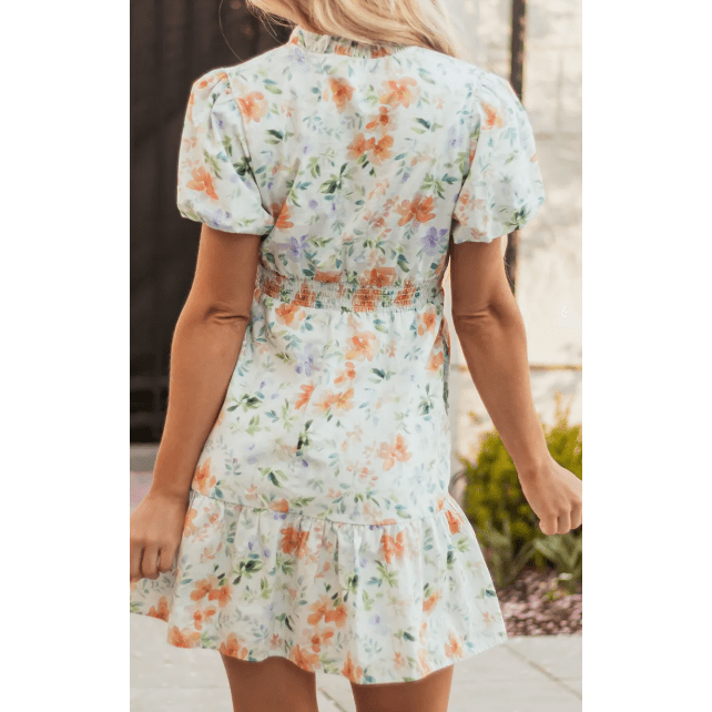Harnett Floral Print Shirred High Waist Puff Sleeve Mini Dress