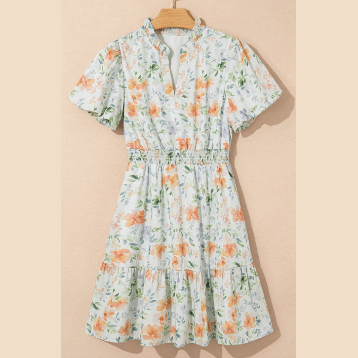 Harnett Floral Print Shirred High Waist Puff Sleeve Mini Dress