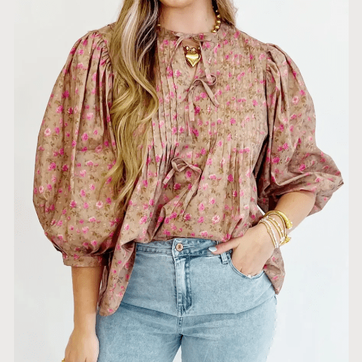 Chelsey Light French Beige Floral Print Bow Pintuck Bust Half Puff Sleeve Blouse Top