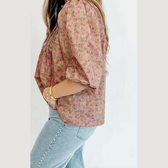 Chelsey Light French Beige Floral Print Bow Pintuck Bust Half Puff Sleeve Blouse Top