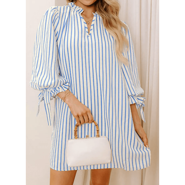 RTS Paula Sky Blue Stripe Knotted Bracelet Sleeve Notched Neck Shift Mini Dress