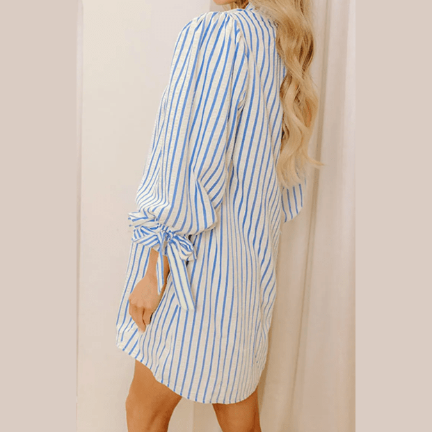 RTS Paula Sky Blue Stripe Knotted Bracelet Sleeve Notched Neck Shift Mini Dress