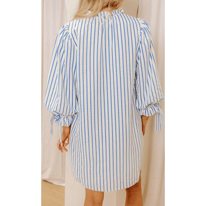 RTS Paula Sky Blue Stripe Knotted Bracelet Sleeve Notched Neck Shift Mini Dress