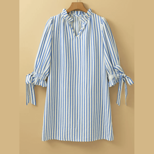 RTS Paula Sky Blue Stripe Knotted Bracelet Sleeve Notched Neck Shift Mini Dress