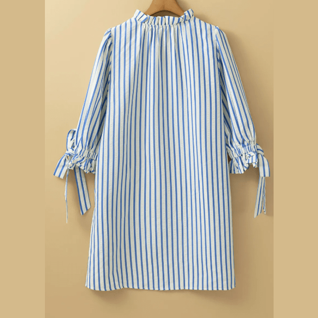 RTS Paula Sky Blue Stripe Knotted Bracelet Sleeve Notched Neck Shift Mini Dress