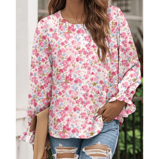 Joelinne Pink Floral Print Sweet Lantern Long Sleeve Blouse