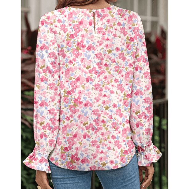 Joelinne Pink Floral Print Sweet Lantern Long Sleeve Blouse