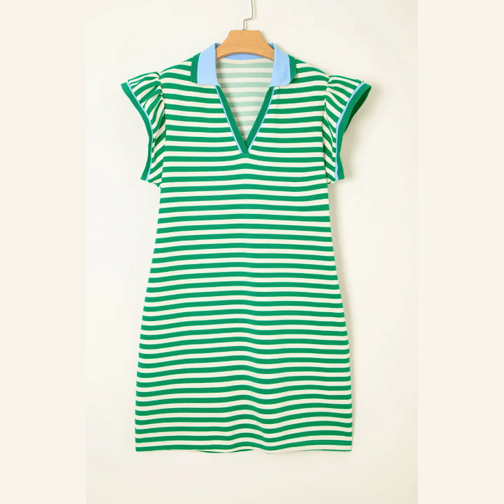 Lilybeth Green Stripe Print Contrast Collar Split Neck Flutter Sleeve Short Dress