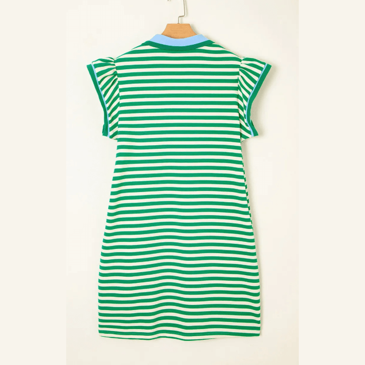 Lilybeth Green Stripe Print Contrast Collar Split Neck Flutter Sleeve Short Dress