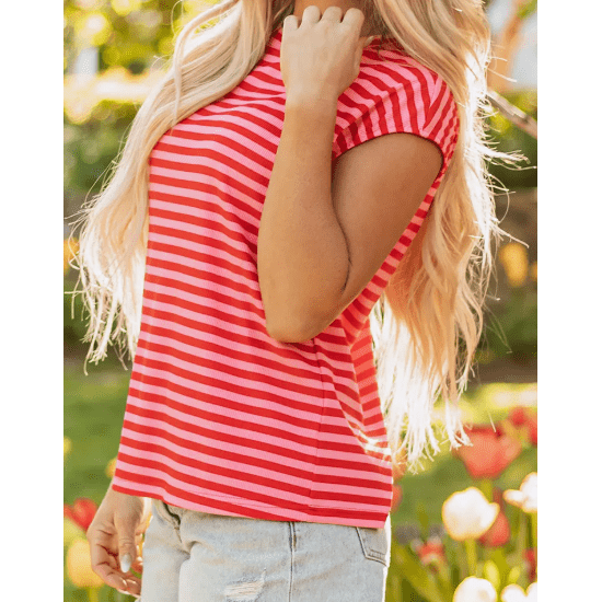 Whitlee Red Stripe Ribbed Cap Sleeve Round Neck T Shirt