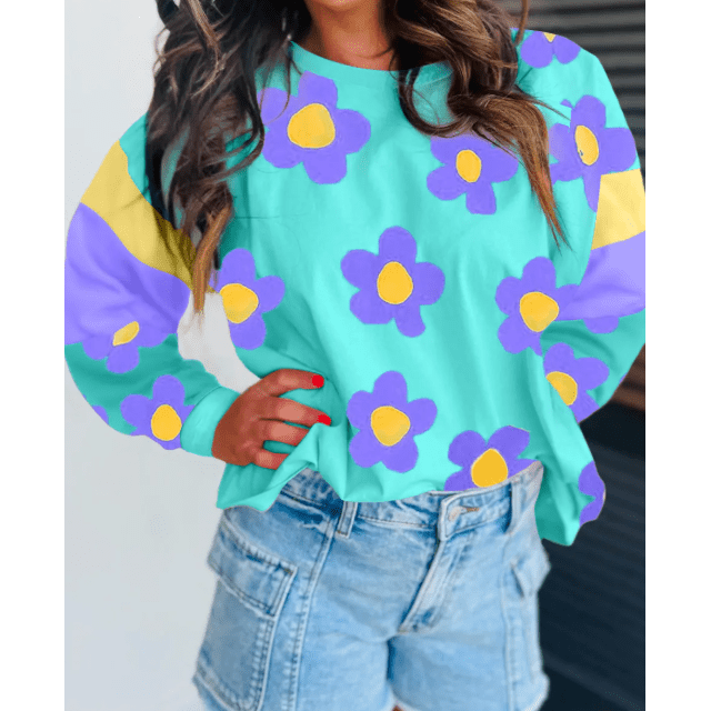 Ginette Floral Color Block Long Sleeve Loose Top