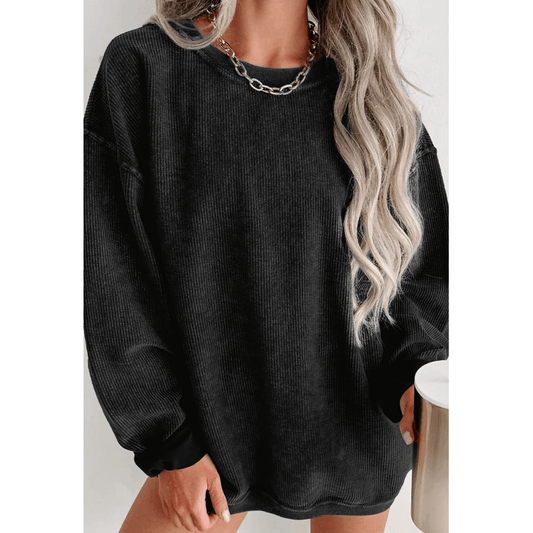 Kelis Black Solid Ribbed Knit Round Neck Pullover Sweatshirt