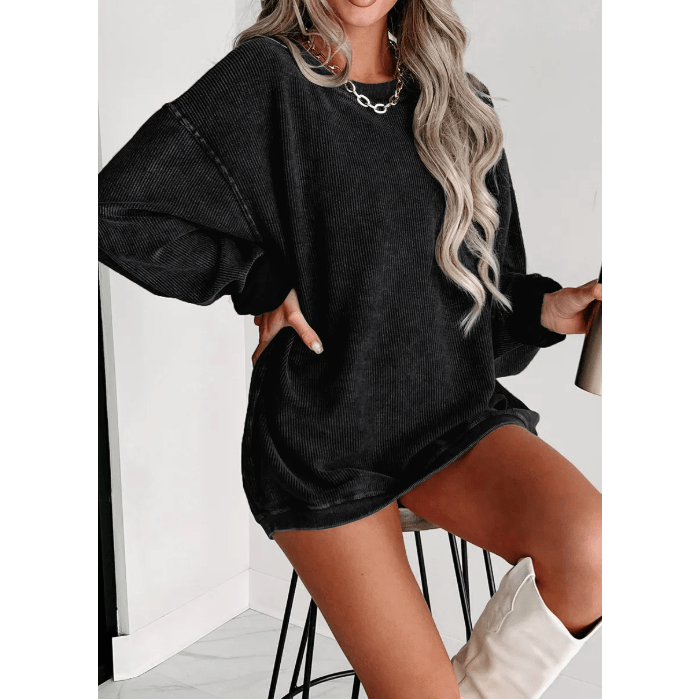 Kelis Black Solid Ribbed Knit Round Neck Pullover Sweatshirt