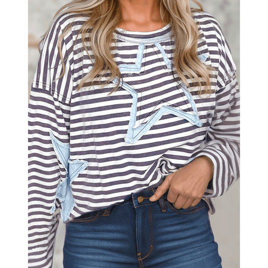 Grey Stripe Starry Patch Drop Shoulder Raw Edge Casual Knit Top