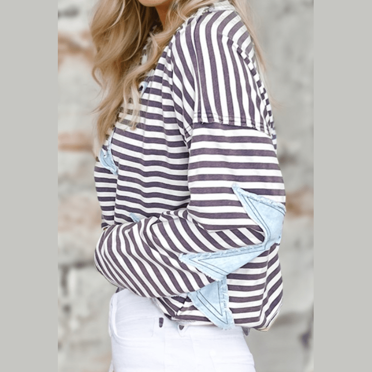 Grey Stripe Starry Patch Drop Shoulder Raw Edge Casual Knit Top
