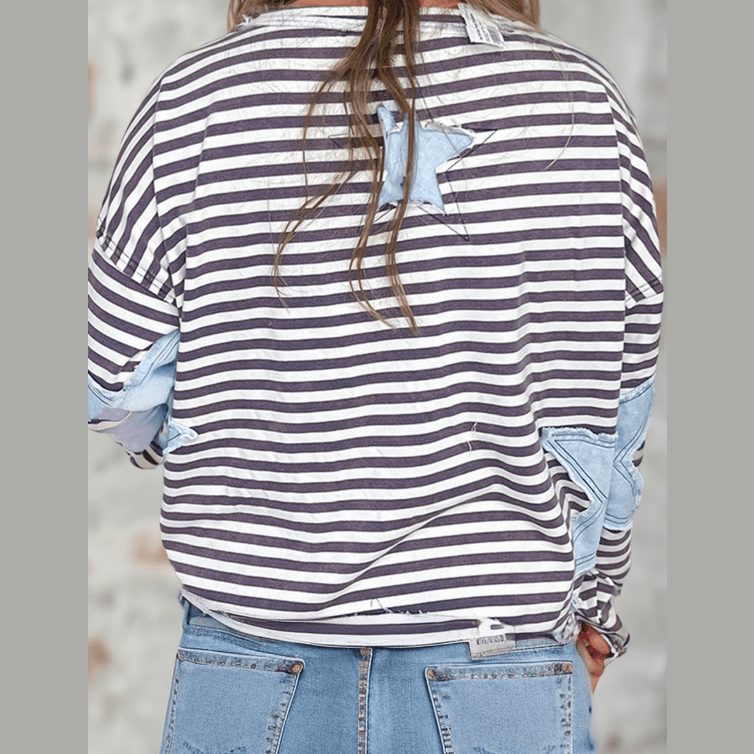 Grey Stripe Starry Patch Drop Shoulder Raw Edge Casual Knit Top