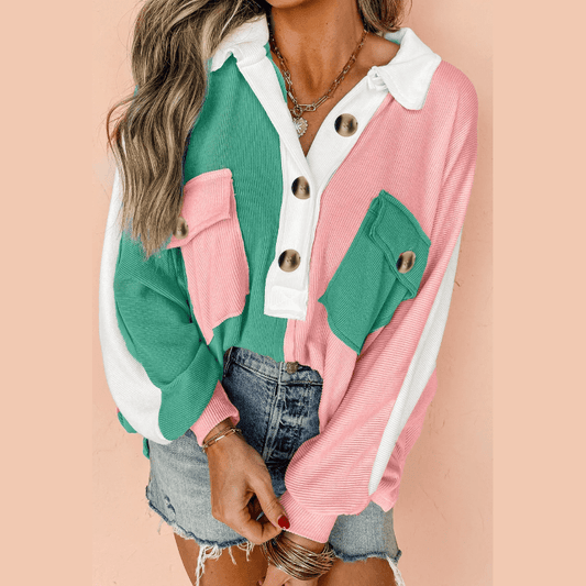 Ginna Green Colorblock Ribbed Collared Oversized Sweatshirt