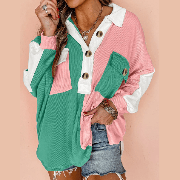 Ginna Green Colorblock Ribbed Collared Oversized Sweatshirt
