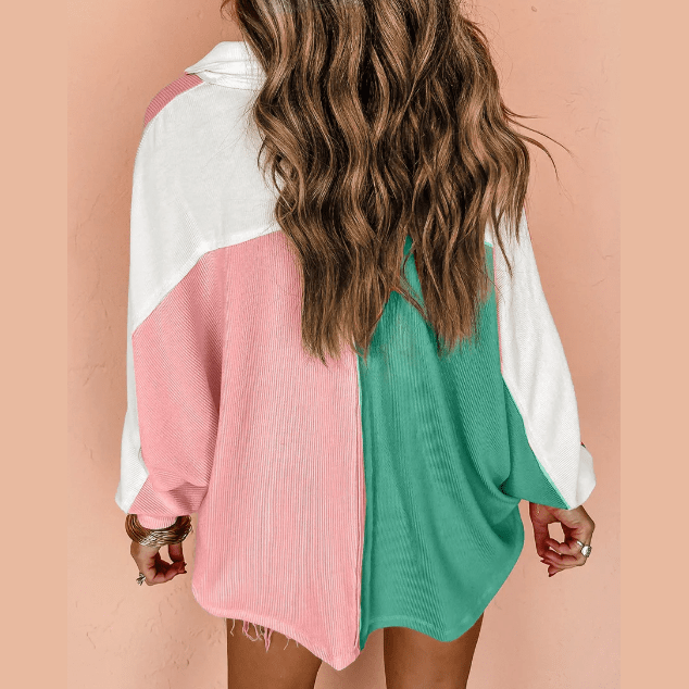 Ginna Green Colorblock Ribbed Collared Oversized Sweatshirt