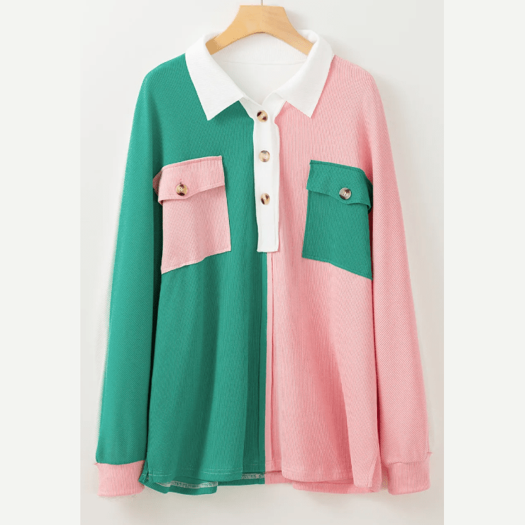 Ginna Green Colorblock Ribbed Collared Oversized Sweatshirt
