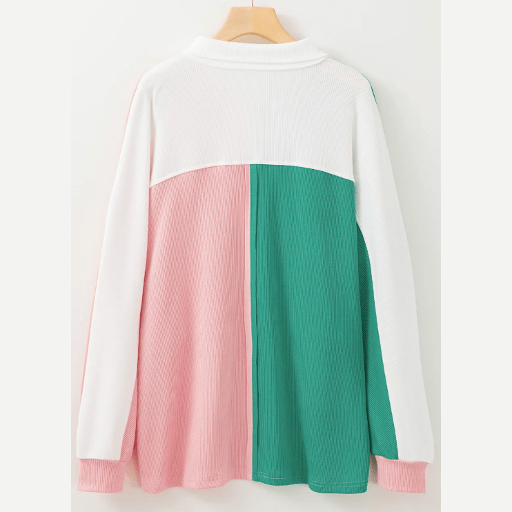 Ginna Green Colorblock Ribbed Collared Oversized Sweatshirt
