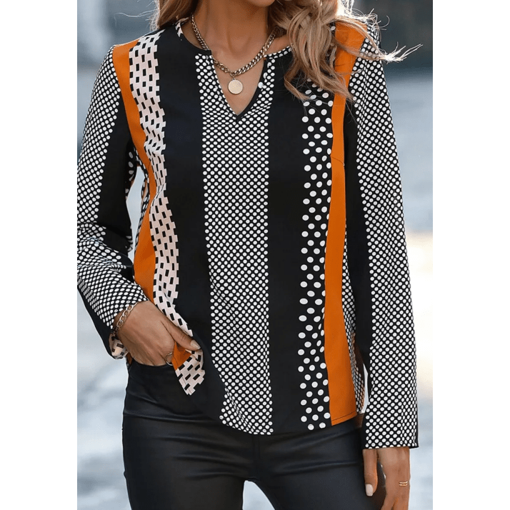 Bunny Orange Geo Print Colorblock Notched V Neck Blouse