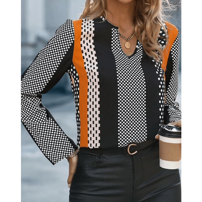 Bunny Orange Geo Print Colorblock Notched V Neck Blouse