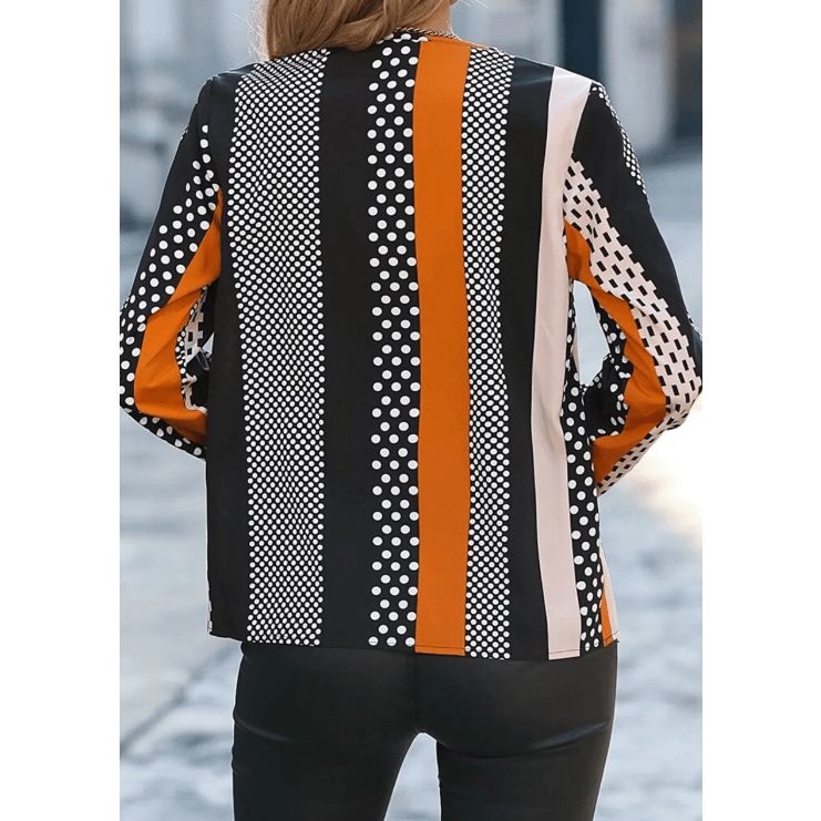 Bunny Orange Geo Print Colorblock Notched V Neck Blouse