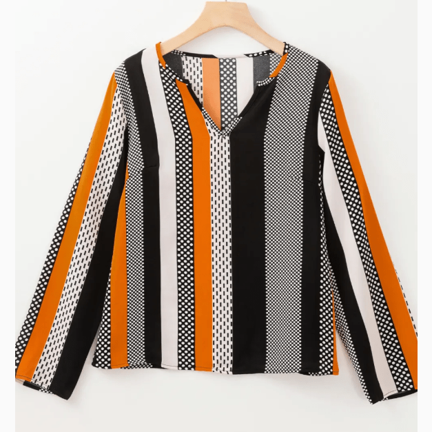 Bunny Orange Geo Print Colorblock Notched V Neck Blouse