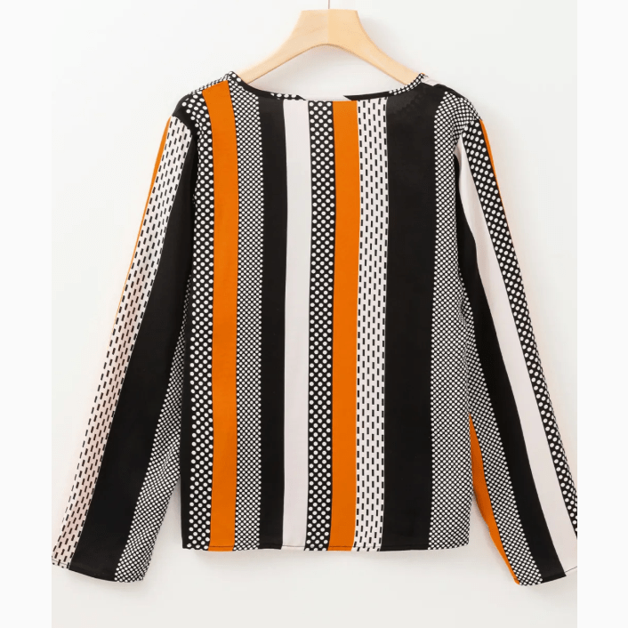 Bunny Orange Geo Print Colorblock Notched V Neck Blouse