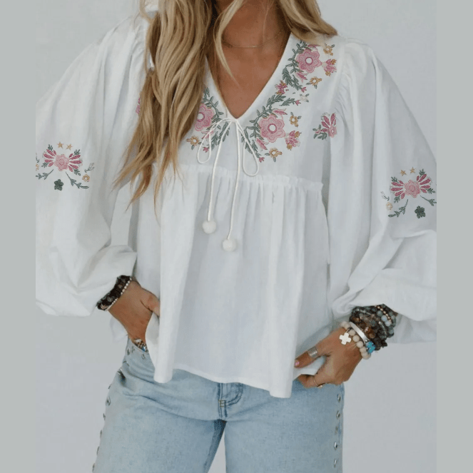 Chelsie White Flower Lace-up V Neck Babydoll Blouse