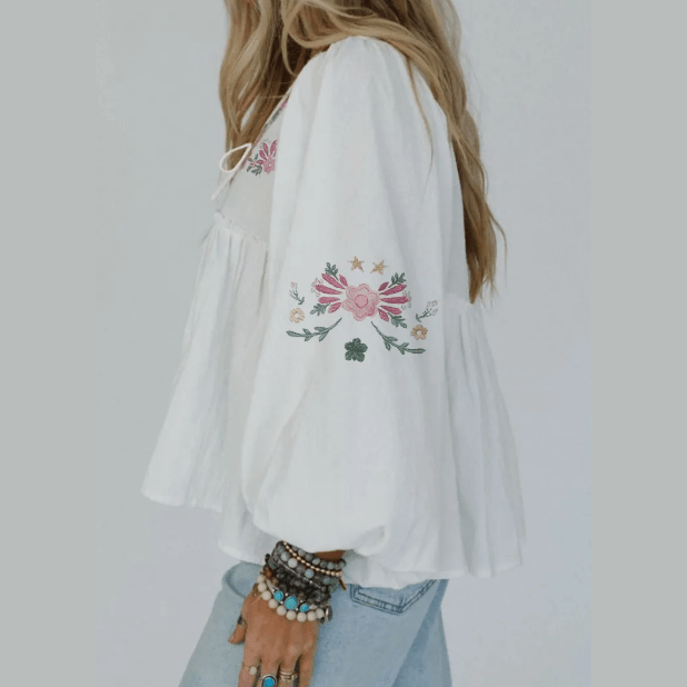Chelsie White Flower Lace-up V Neck Babydoll Blouse