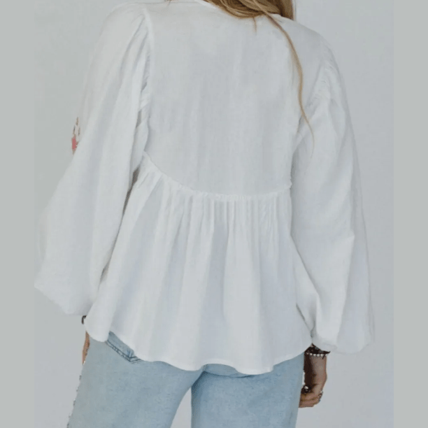 Chelsie White Flower Lace-up V Neck Babydoll Blouse