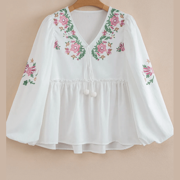 Chelsie White Flower Lace-up V Neck Babydoll Blouse
