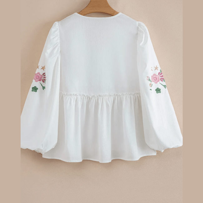 Chelsie White Flower Lace-up V Neck Babydoll Blouse