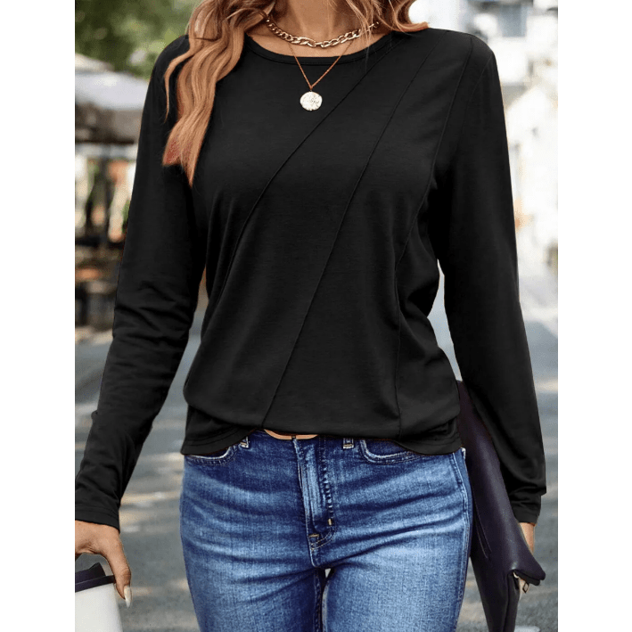 Indy Black Asymmetric Seam Detail Solid Color Long Sleeve Top