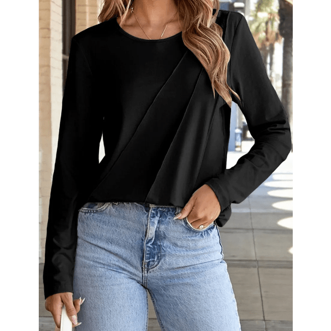 Indy Black Asymmetric Seam Detail Solid Color Long Sleeve Top