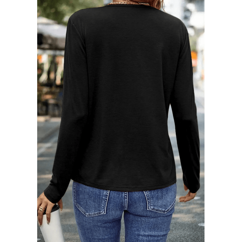 Indy Black Asymmetric Seam Detail Solid Color Long Sleeve Top