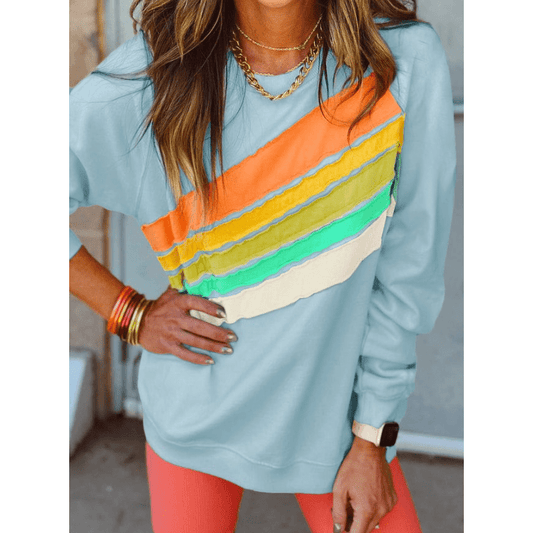 Mari Beau Blue Rainbow Colorblock Striped Pullover Sweatshirt