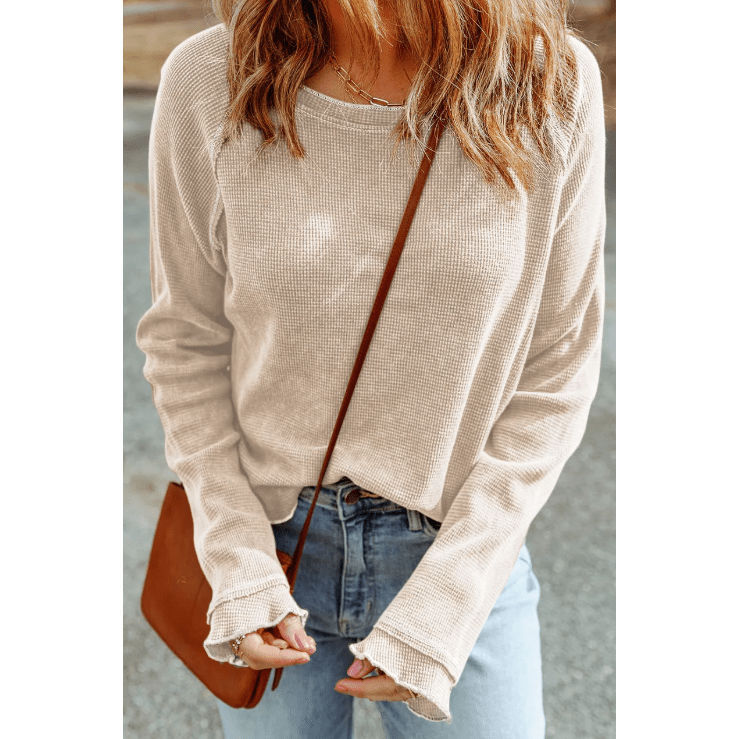 Payson Apricot Textured Round Neck Long Sleeve Top
