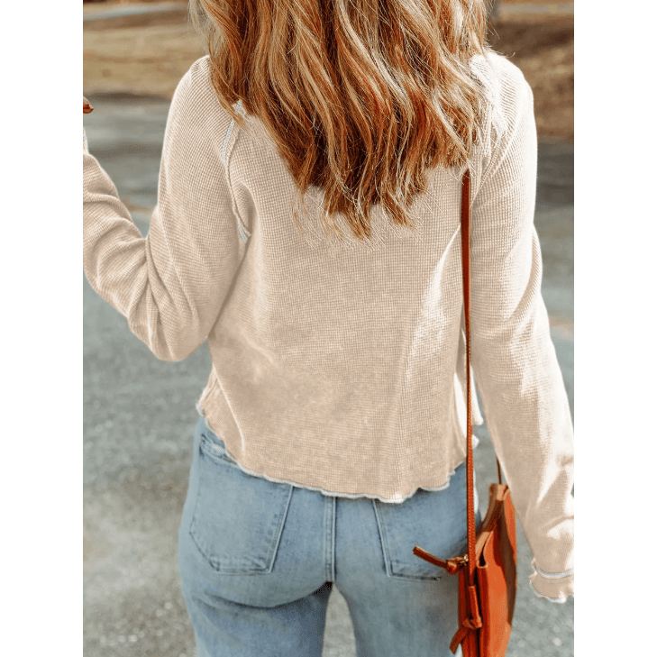 Payson Apricot Textured Round Neck Long Sleeve Top
