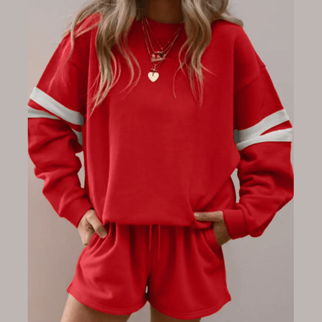 Fiery Red Varsity Striped Sleeve Drop Shoulder Sweatshirt and Short Set