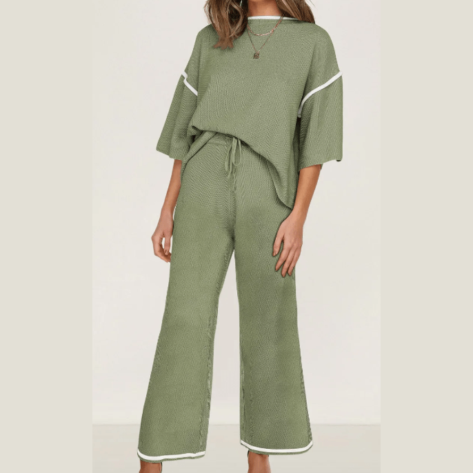 Tatina Green Contrast Trim Half Sleeve Top Drawstring Pants Loose 2pcs Sweater Suit