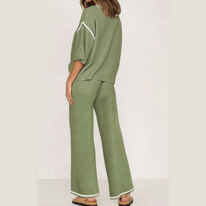 Tatina Green Contrast Trim Half Sleeve Top Drawstring Pants Loose 2pcs Sweater Suit